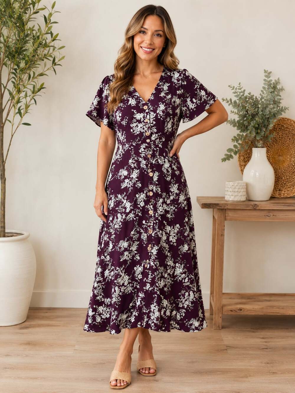 Story On Burgundy Floral Midi Dress Small Button Front V Neck Cottagecore